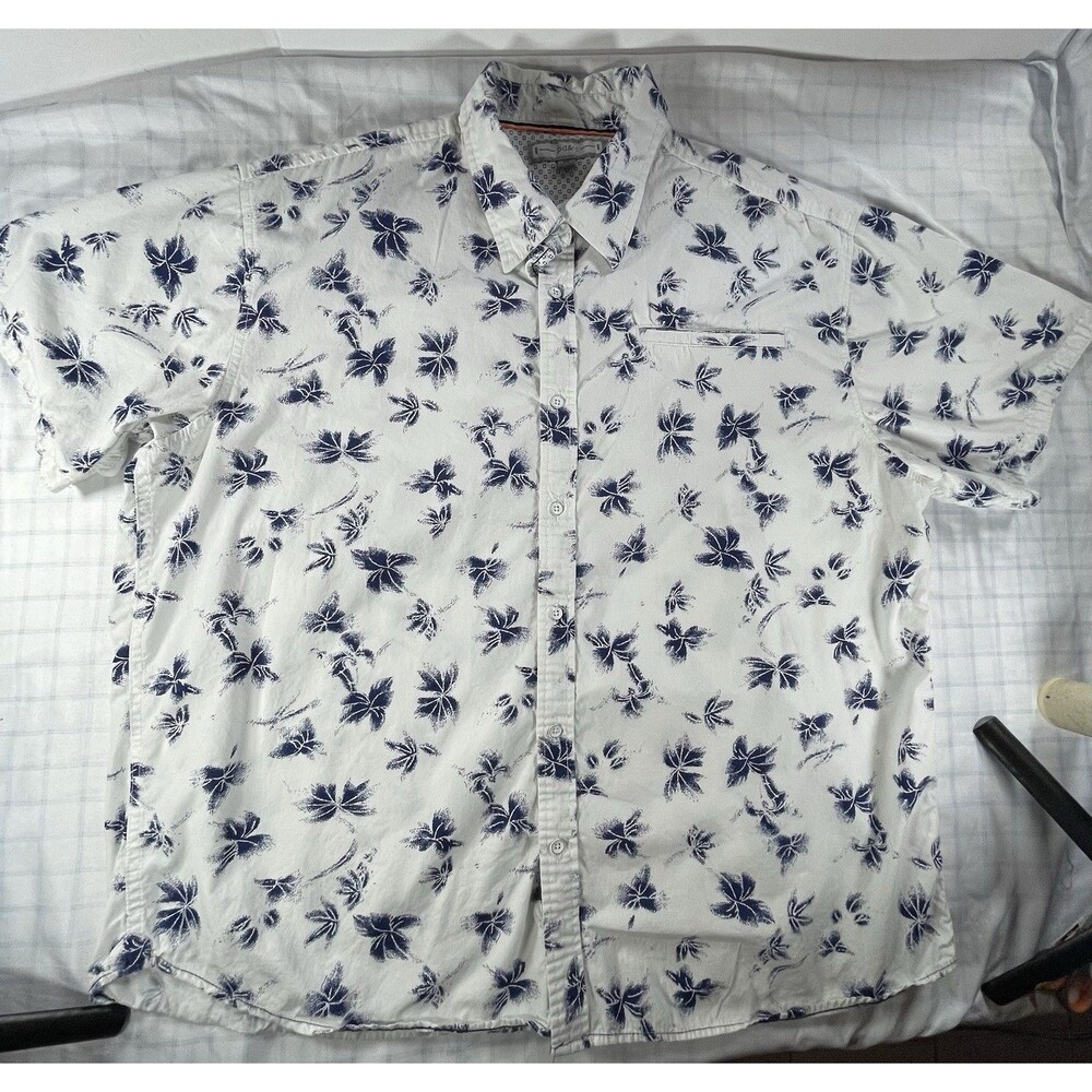 pd&c Men’s 3X Short Sleeve Button Down Shirt Floral Palm Leaf White Blue Cotton